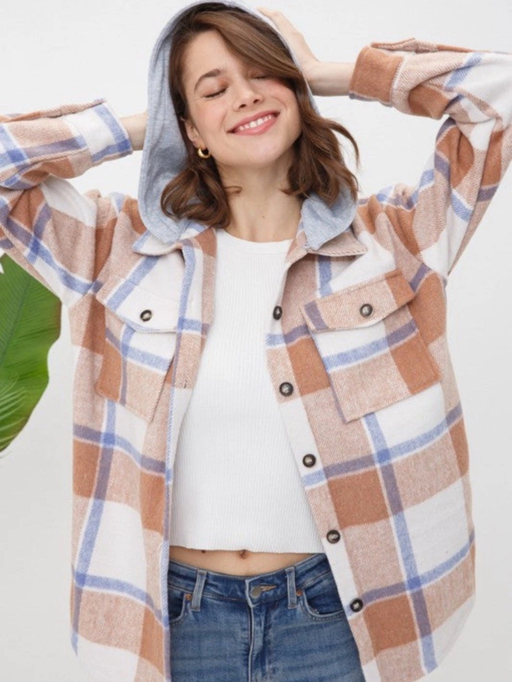 Blue B Women’s Plaid Hooded Shacket Jacket Button Front Flannel Over-shirt Sz S
